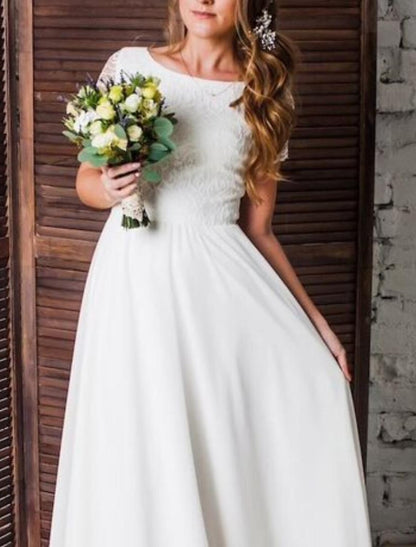 Beach Little White Dresses Wedding Dresses A-Line Scoop Neck Short Sleeve Floor Length Chiffon Bridal Gowns With Pleats Solid Color