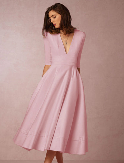 A-Line Special Occasion Dresses Party Dress Holiday Wedding Guest Tea Length Half Sleeve V Neck Pocket Jersey with Pleats