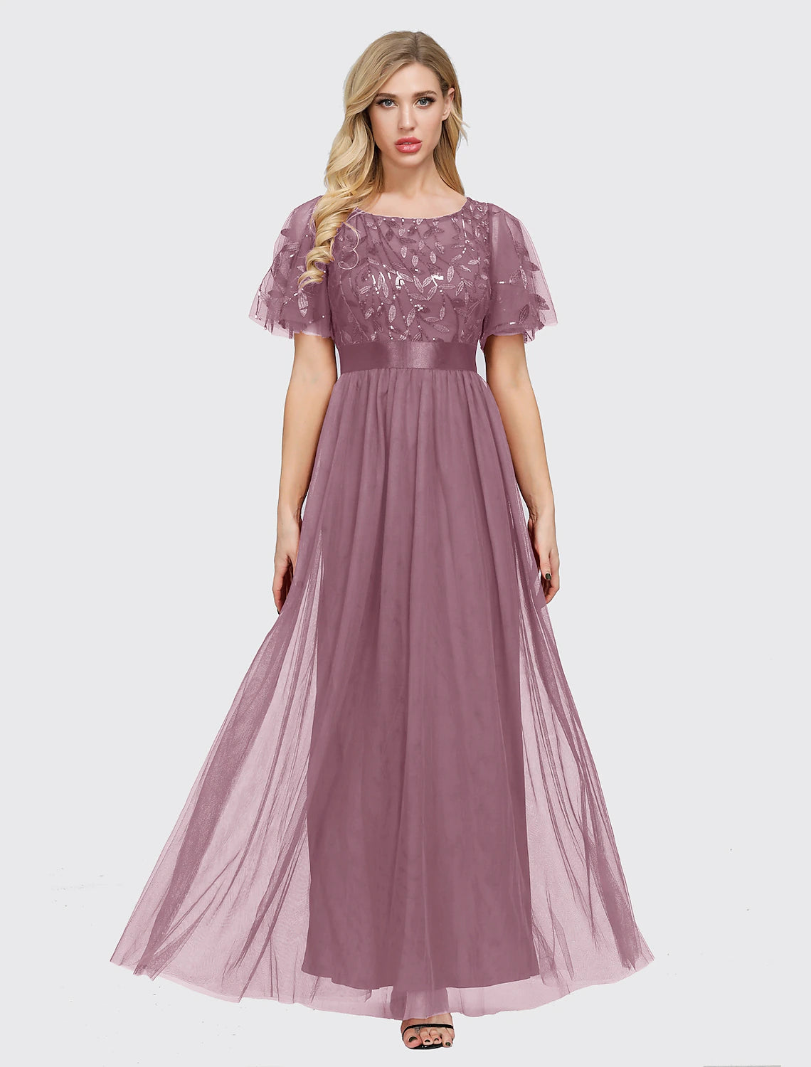 A-Line Empire Elegant Party Wear Prom Dress Jewel Neck Short Sleeve Floor Length Tulle with Embroidery