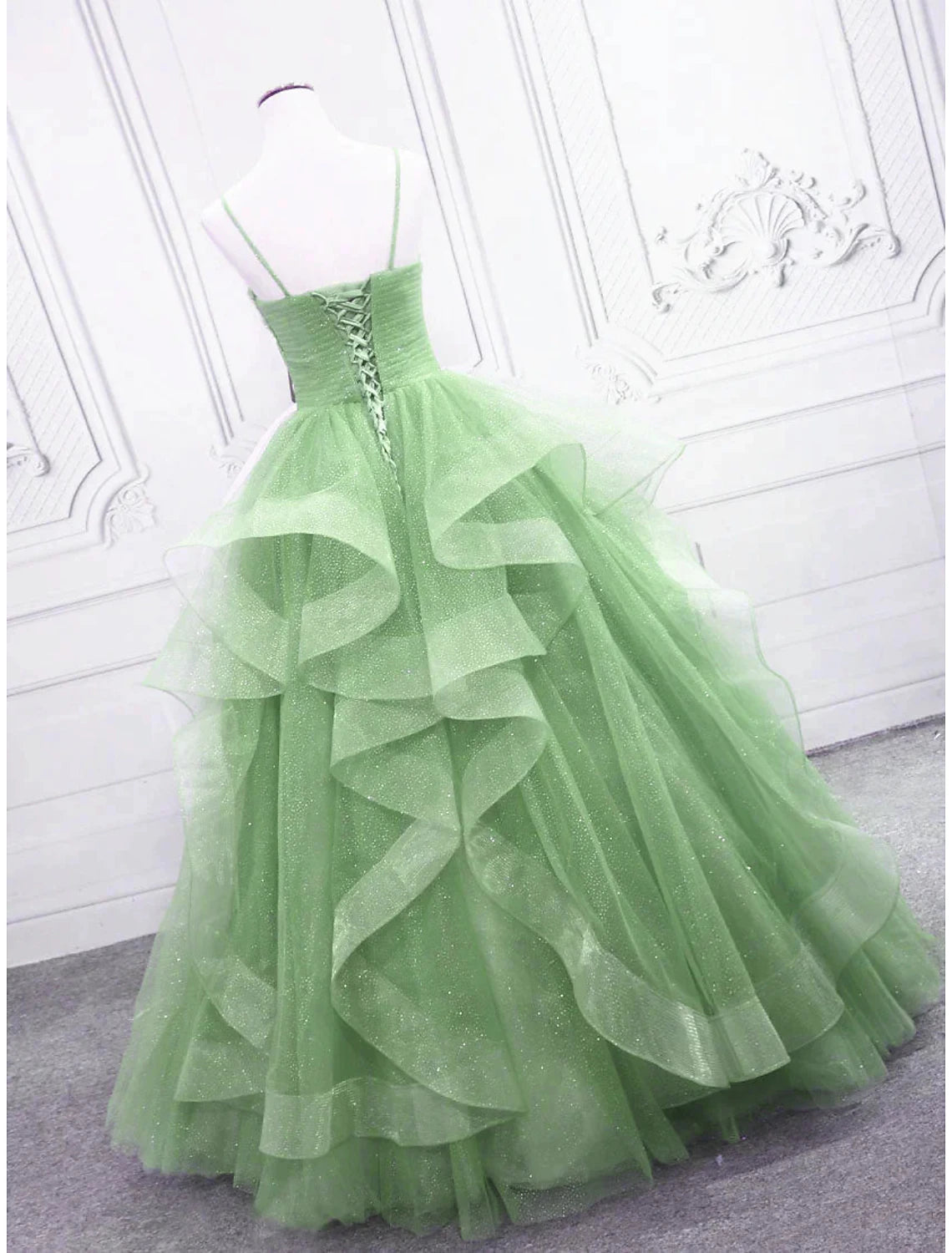 Ball Gown Prom Dresses Glittering Dress Formal Prom Floor Length Sleeveless V Neck Tulle with Glitter Ruffles