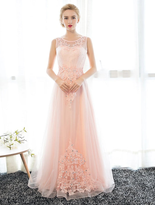 Sheath / Column Dress Wedding Guest Prom Floor Length Sleeveless Illusion Neck Satin with Crystals Appliques