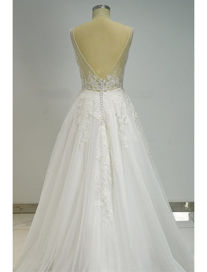 Engagement Formal Boho Wedding Dresses A-Line V Neck Sleeveless Court Train Lace Bridal Gowns With Beading Appliques