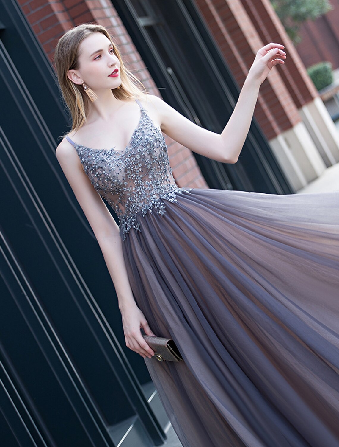 A-Line Minimalist Elegant Party Wear Prom Dress V Neck Sleeveless Floor Length Tulle with Pleats Appliques