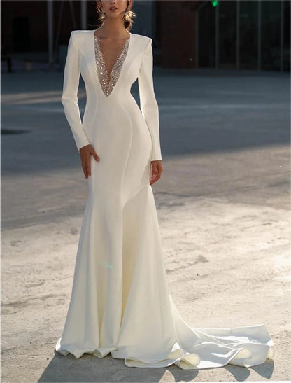 Formal Wedding Dresses Mermaid / Trumpet V Neck Long Sleeve Sweep / Brush Train Chiffon Bridal Gowns With Beading Solid Color