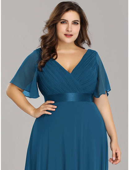 A-Line Mother of the Bride Dress Plus Size Elegant V Neck Floor Length Chiffon Short Sleeve with Sash / Ribbon Ruching