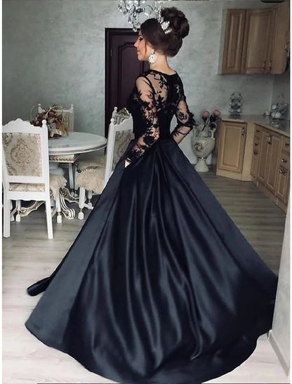 Ball Gown Evening Gown Princess Dress Prom Wedding Party Floor Length Long Sleeve Jewel Neck Wednesday Addams Family Satin with Appliques