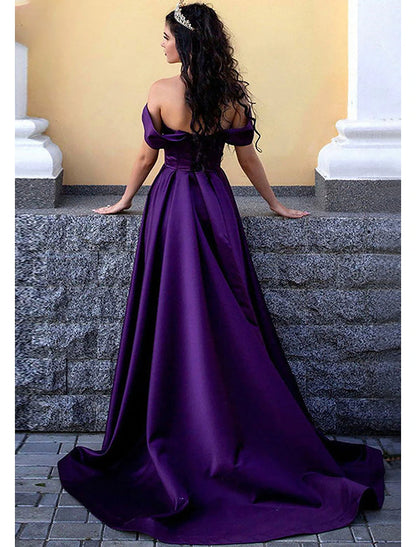 A-Line Prom Dresses Princess Dress Formal Prom Sweep / Brush Train Sleeveless Off Shoulder Satin with Pleats