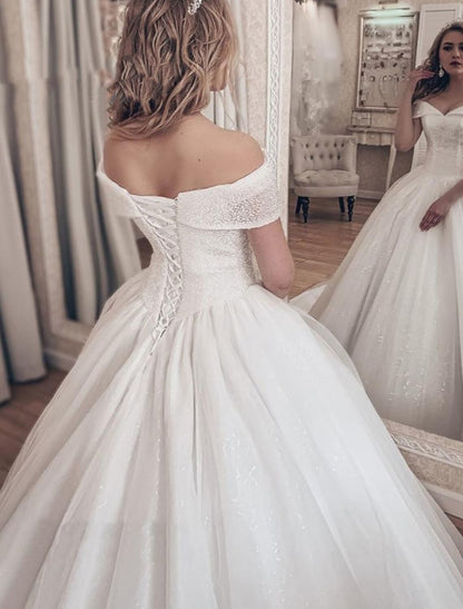 Engagement Formal Fall Wedding Dresses Ball Gown Off Shoulder Cap Sleeve Chapel Train Tulle Bridal Gowns With Pleats Sequin