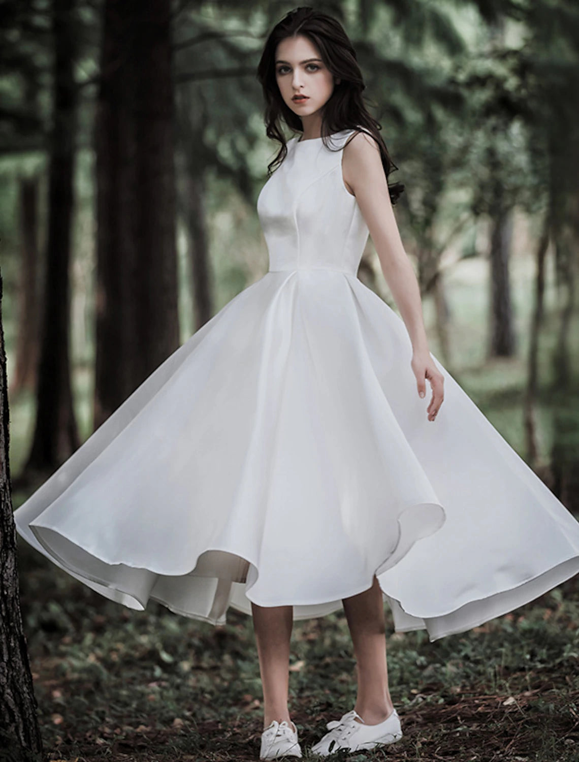 Reception Little White Dresses Wedding Dresses A-Line Scoop Neck Sleeveless Tea Length Satin Bridal Gowns With Solid