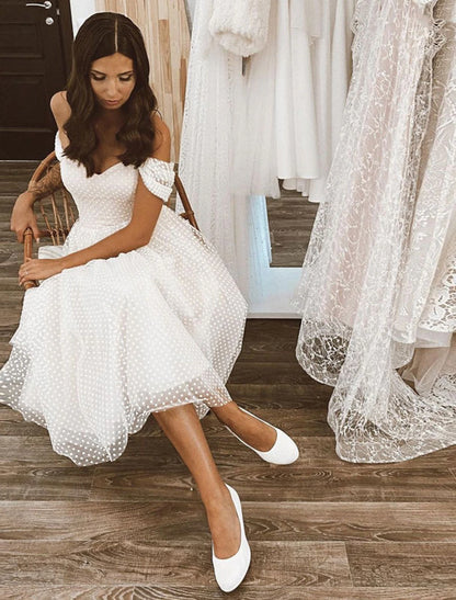 Reception Little White Dresses Wedding Dresses A-Line Off Shoulder Cap Sleeve Knee Length Tulle Bridal Gowns