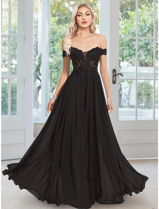 A-Line Evening Gown Floral Dress Prom Semi Formal Floor Length Sleeveless Off Shoulder Chiffon with Appliques