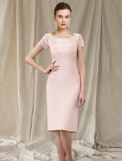 Sheath / Column Mother of the Bride Dress Elegant Jewel Neck Knee Length Lace Stretch Fabric Short Sleeve with Appliques