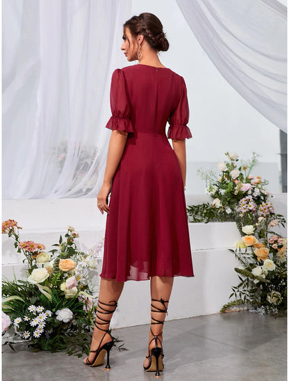 A-Line Wedding Guest Dresses Elegant Dress Holiday Graduation Tea Length Half Sleeve Jewel Neck Chiffon with Fringe