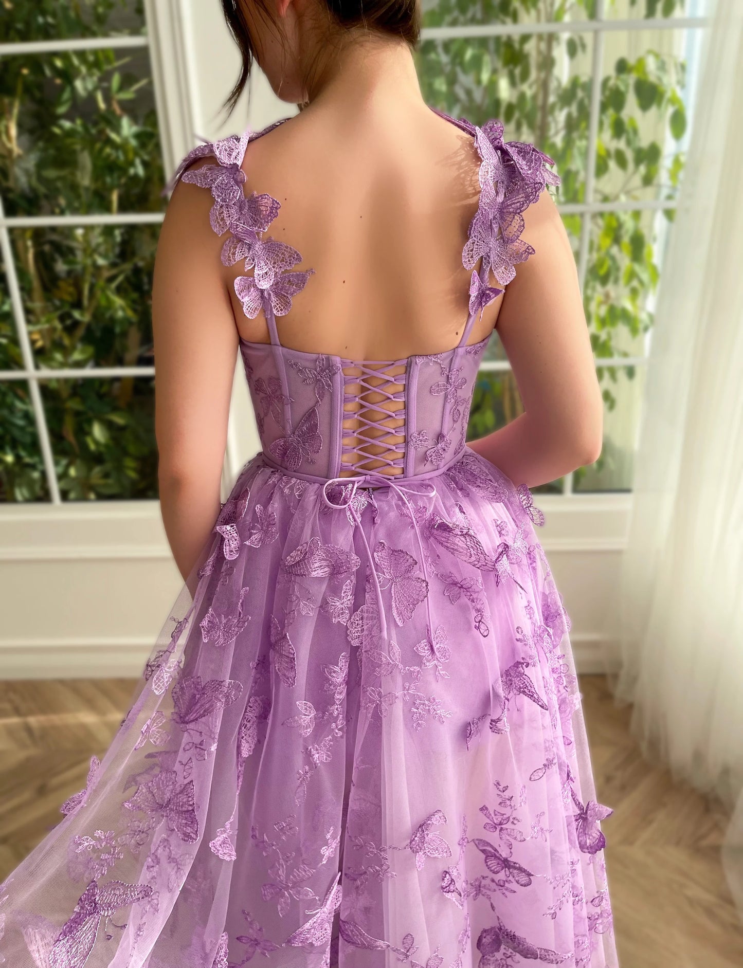 3D Butterfly Tulle Prom Dresses Tea Length Lace Appliques Embroidery A Line Formal Evening Party Gowns