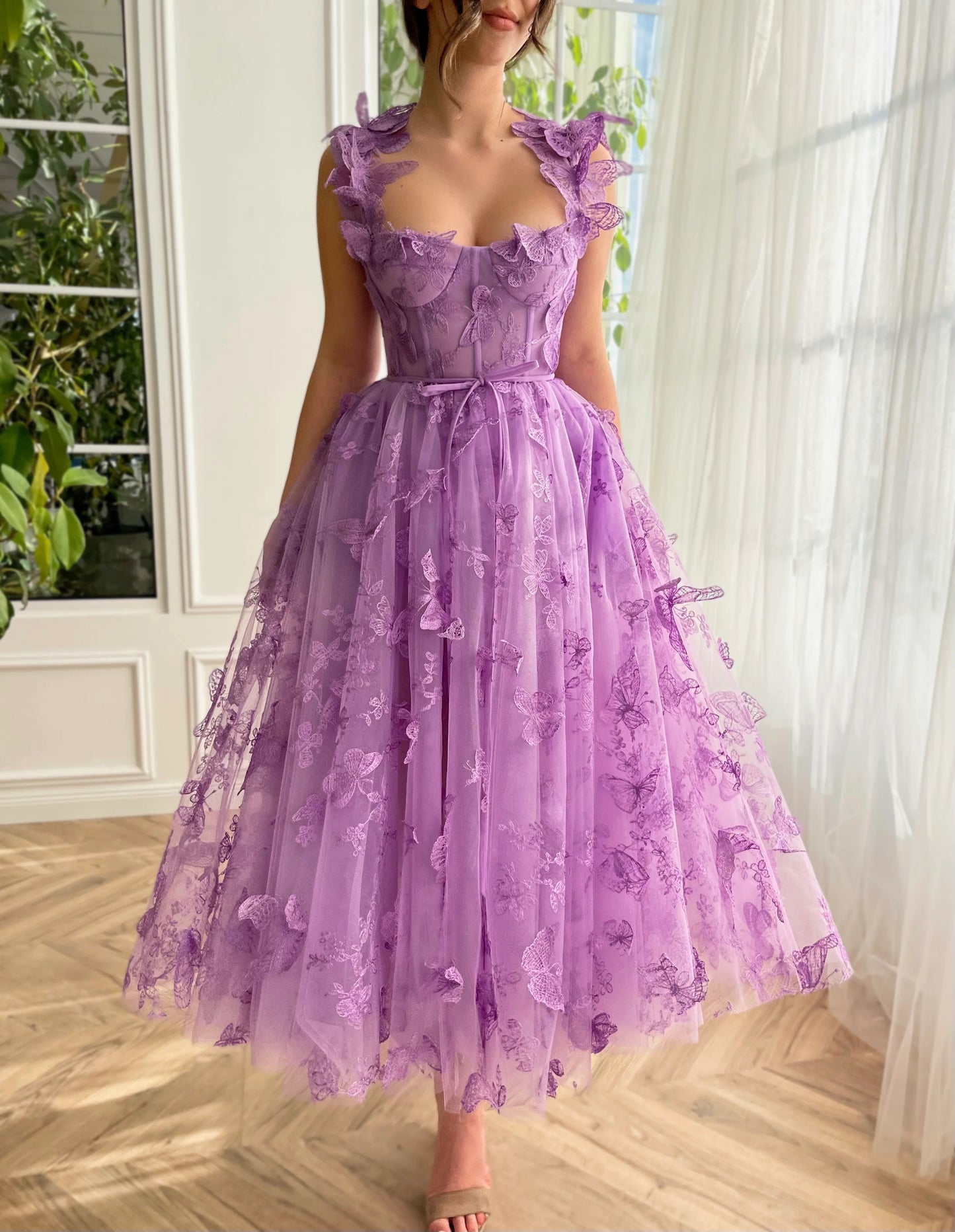 3D Butterfly Tulle Prom Dresses Tea Length Lace Appliques Embroidery A Line Formal Evening Party Gowns