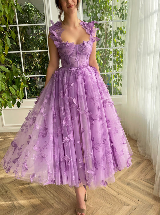 3D Butterfly Tulle Prom Dresses Tea Length Lace Appliques Embroidery A Line Formal Evening Party Gowns