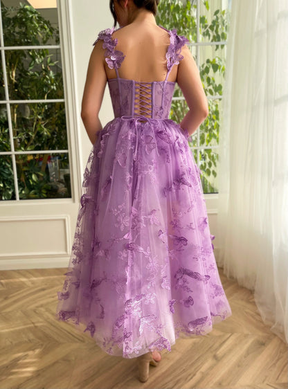 3D Butterfly Tulle Prom Dresses Tea Length Lace Appliques Embroidery A Line Formal Evening Party Gowns