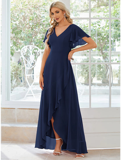 A-Line Wedding Guest Dresses Casual Dress Party Dress Wedding Party Asymmetrical Short Sleeve V Neck Bridesmaid Dress Chiffon with Ruffles