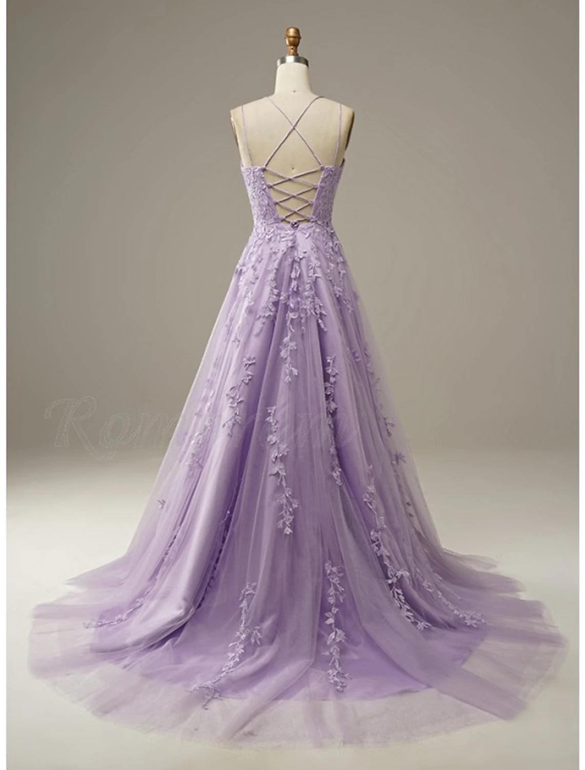 A-Line Prom Dresses Floral Dress Formal Wedding Guest Chapel Train Sleeveless Spaghetti Strap Tulle with Appliques