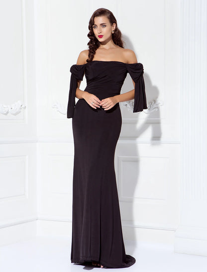 Sheath / Column Celebrity Style Elegant Open Back Prom Formal Evening Military Ball Dress Off Shoulder Short Sleeve Sweep / Brush Train Jersey with Side Draping