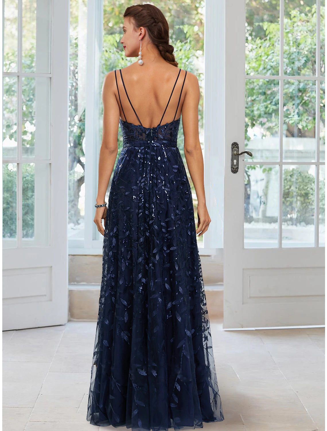 A-Line Evening Gown Floral Dress Formal Wedding Guest Floor Length Sleeveless Spaghetti Strap Satin with Slit Appliques