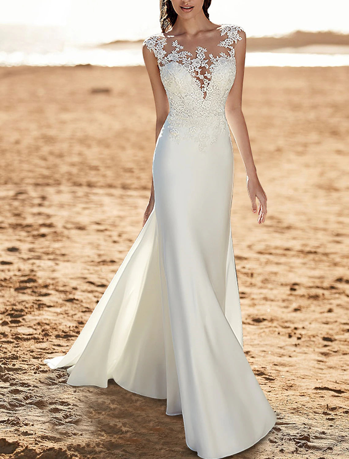 Beach Open Back Wedding Dresses Mermaid / Trumpet Illusion Neck Cap Sleeve Court Train Chiffon Bridal Gowns With Appliques