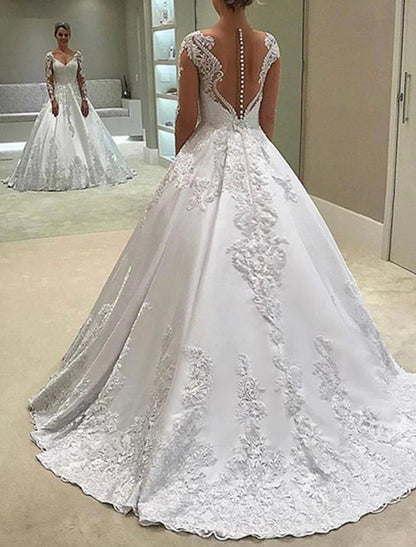 Engagement Formal Wedding Dresses Ball Gown Sweetheart Long Sleeve Court Train Satin Bridal Gowns With Buttons Appliques