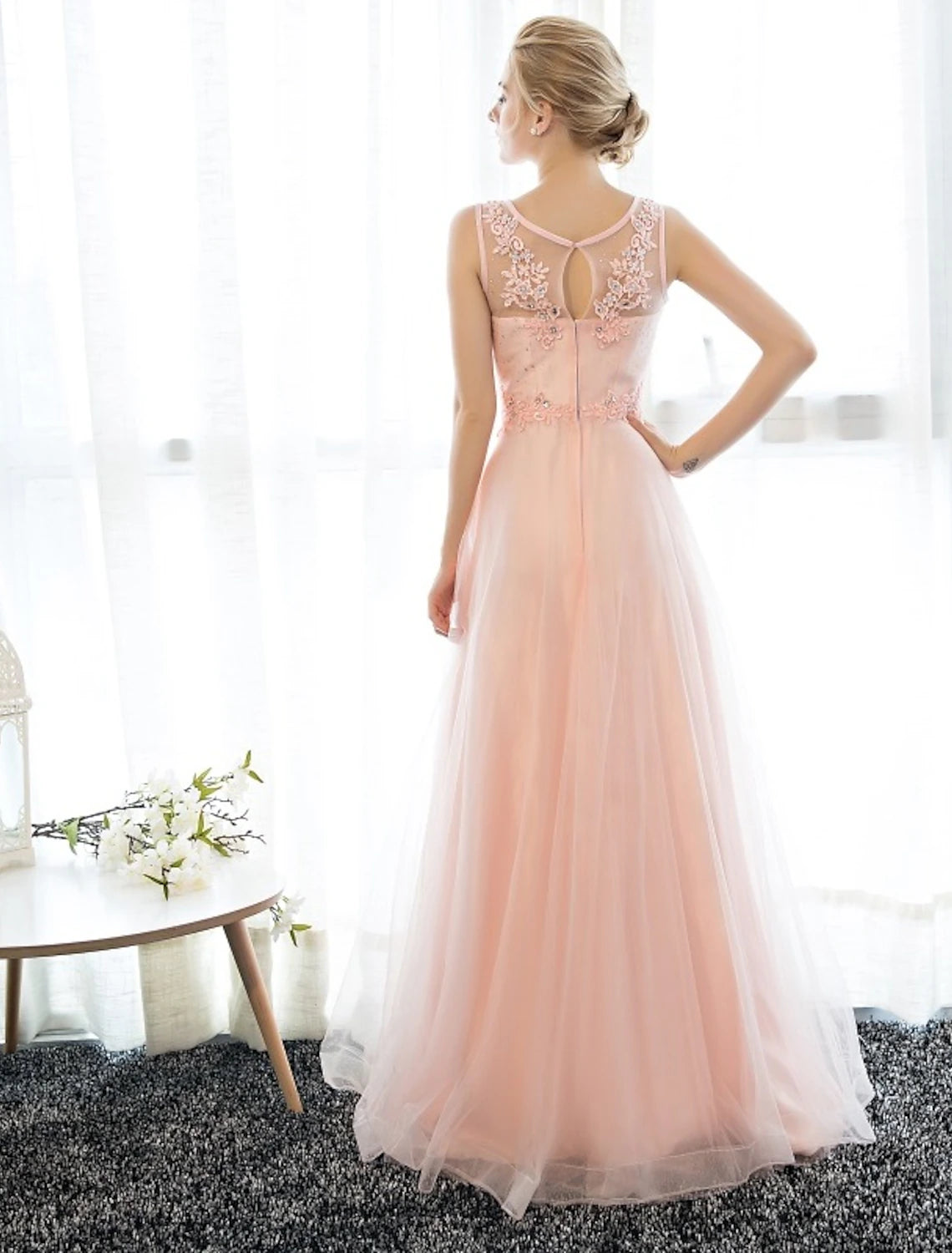 Sheath / Column Dress Wedding Guest Prom Floor Length Sleeveless Illusion Neck Satin with Crystals Appliques