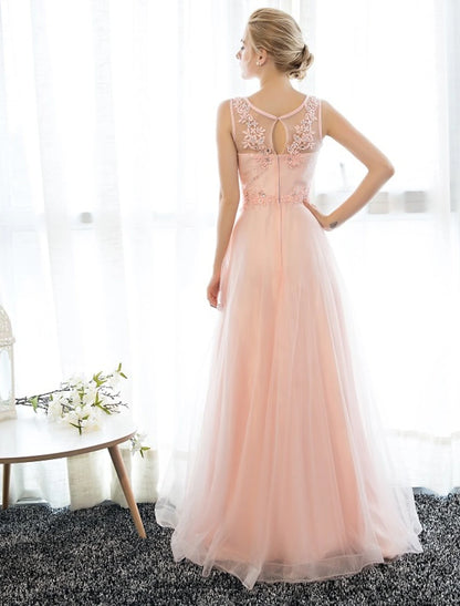 Sheath / Column Dress Wedding Guest Prom Floor Length Sleeveless Illusion Neck Satin with Crystals Appliques