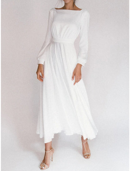 Bridal Shower Casual Wedding Dresses Little White Dresses A-Line Square Neck Long Sleeve Ankle Length Chiffon Bridal Gowns With Pleats Summer Fall Wedding Party