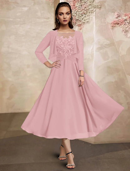 Two Piece A-Line Mother of the Bride Dress Plus Size Elegant Jewel Neck Tea Length Chiffon Lace Half Sleeve Wrap Included with Ruched Sequin Ruffles