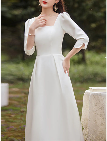 Reception Little White Dresses Wedding Dresses A-Line Square Neck Half Sleeve Tea Length Satin Bridal Gowns With Pleats