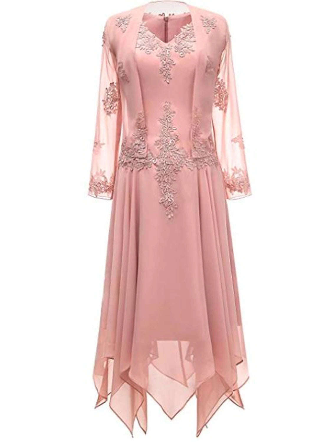 Two Piece A-Line Mother of the Bride Dress Wedding Guest Church Wrap Included V Neck Knee Length Chiffon 3/4 Length Sleeve with Pleats Appliques