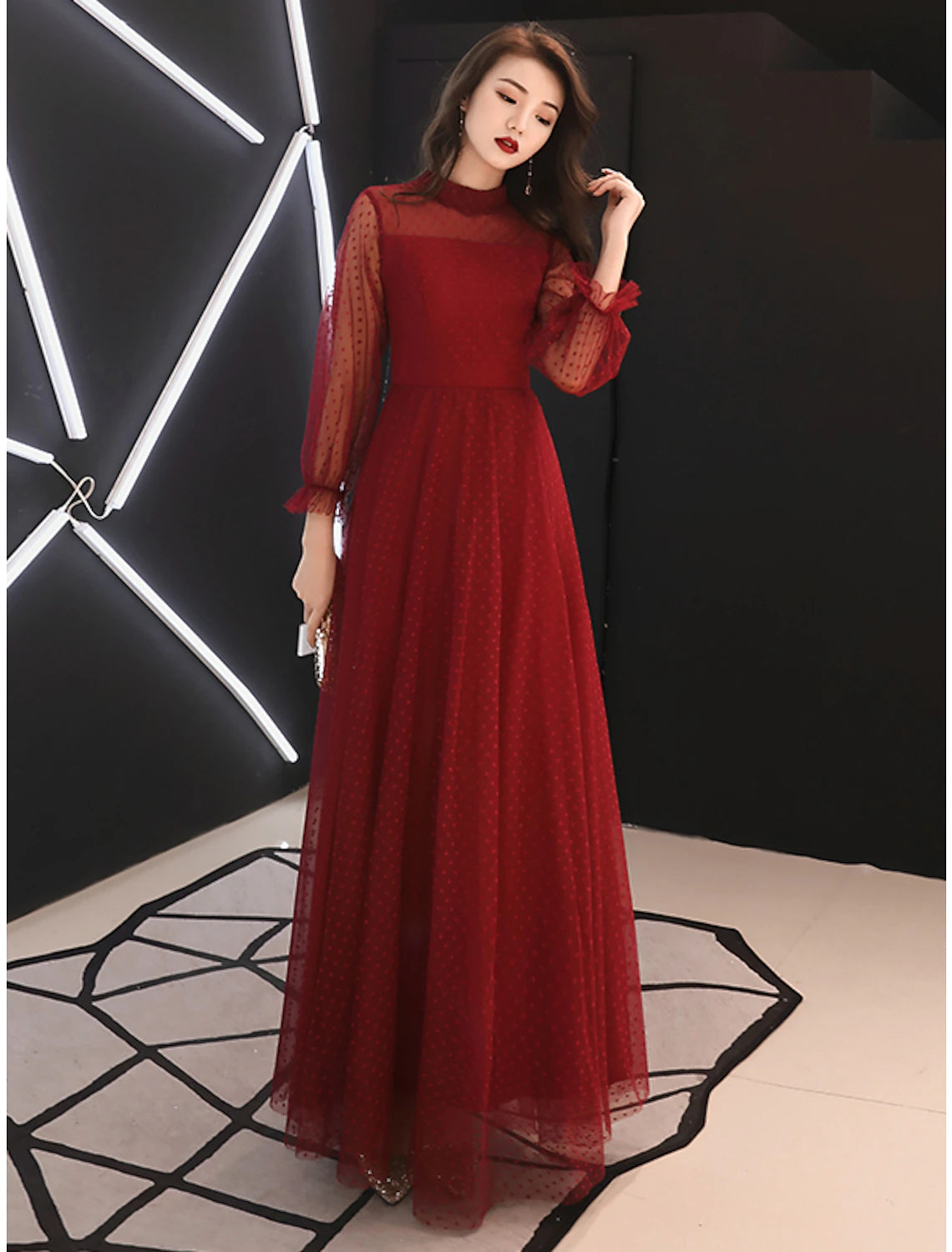 A-Line Black Dress Elegant Party Wear Prom Dress High Neck Long Sleeve Floor Length Lace with Ruffles