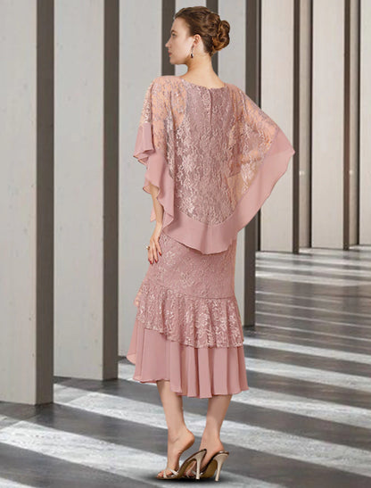 Sheath / Column Mother of the Bride Dress Elegant High Low Jewel Neck Asymmetrical Tea Length Chiffon Lace Half Sleeve Wrap Included with Beading Ruffles Appliques