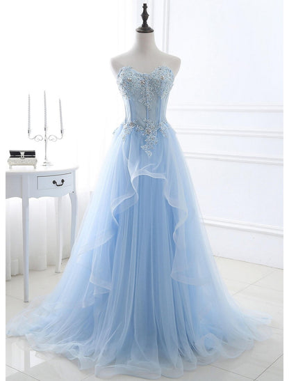 A-Line Sexy Floral Engagement Prom Birthday Dress Strapless Sleeveless Sweep / Brush Train Lace with Pleats Lace