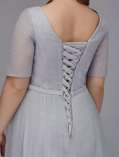 A-Line Elegant Dress Wedding Guest Cocktail Party Tea Length Short Sleeve V Neck Lace Lace-up with Sash / Ribbon