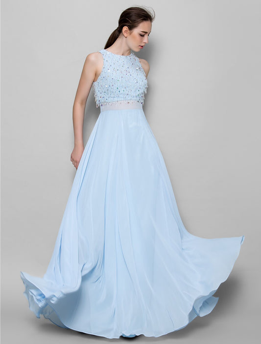 A-Line Bridesmaid Dress Jewel Neck Sleeveless Sparkle & Shine Floor Length Chiffon with Beading / Sequin