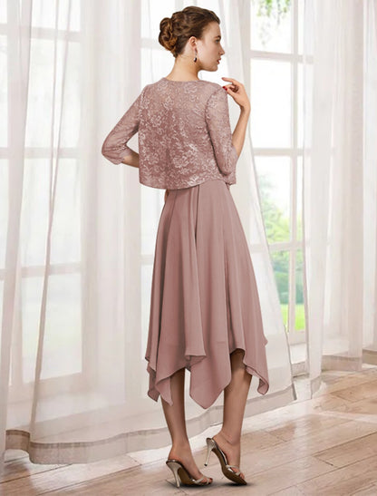 Two Piece A-Line Mother of the Bride Dress Elegant Jewel Neck Tea Length Chiffon Lace Half Sleeve Wrap Included with Sash / Ribbon