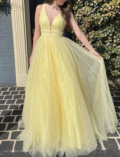 A-Line Prom Dresses Glittering Dress Wedding Party Birthday Floor Length Sleeveless V Neck Tulle Backless with Sequin