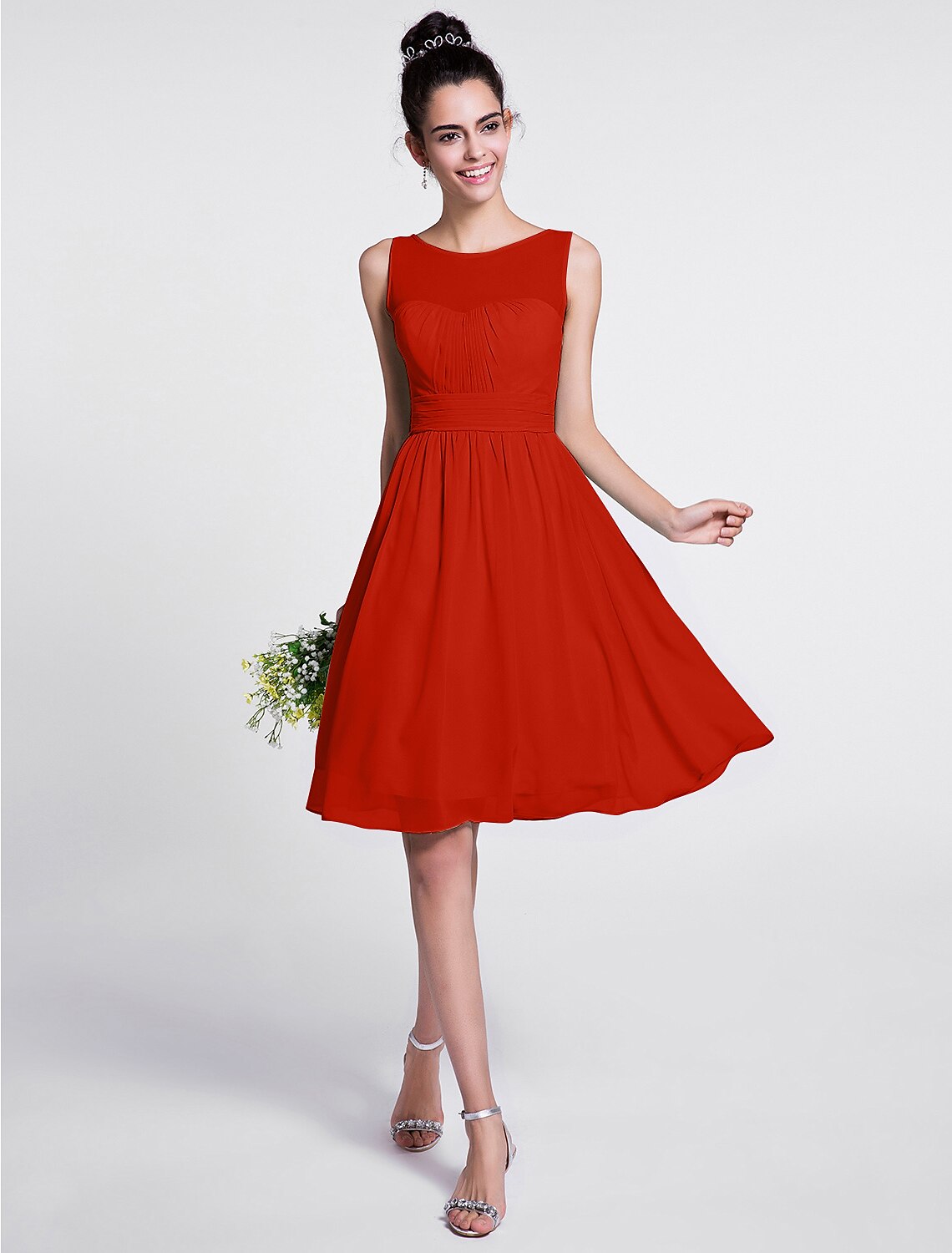 A-Line Bridesmaid Dress Scoop Neck Sleeveless Knee Length Chiffon with Ruched / Draping