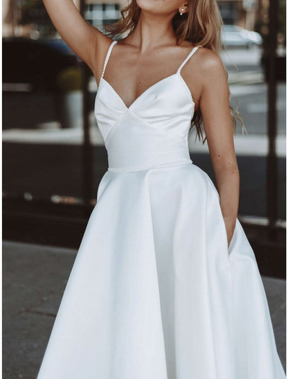 Reception Little White Dresses Wedding Dresses A-Line Sweetheart Camisole Spaghetti Strap Tea Length Satin Bridal Gowns With Solid Color