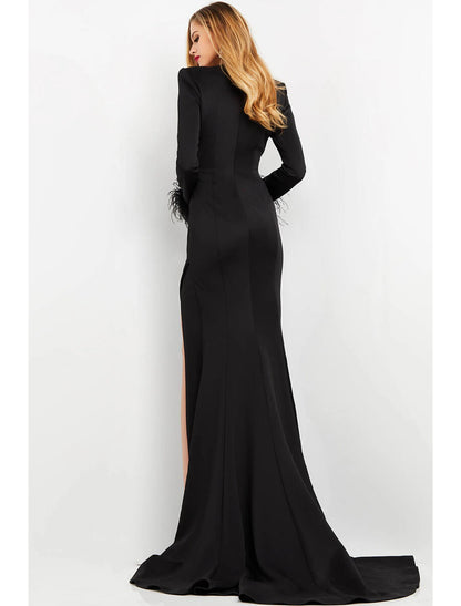 Mermaid / Trumpet Prom Dresses Maxi Dress Formal Sweep / Brush Train Long Sleeve V Neck Stretch Fabric with Feather Slit