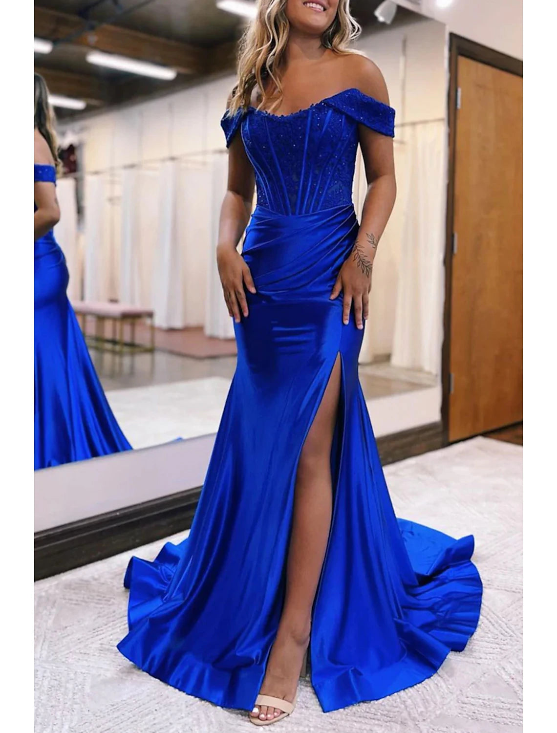 Mermaid / Trumpet Evening Gown Empire Dress Formal Prom Court Train Sleeveless Off Shoulder Imitation Silk with Slit Appliques