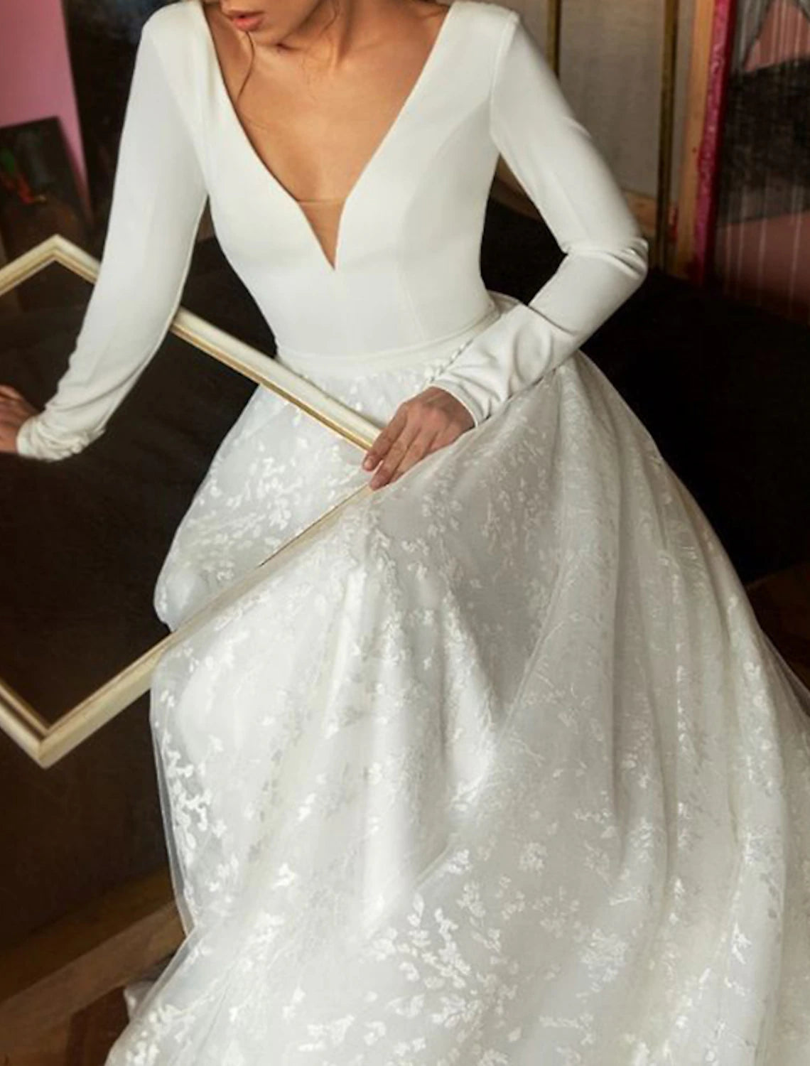 Engagement Open Back Formal Boho Wedding Dresses A-Line V Neck Long Sleeve Court Train Satin Bridal Gowns With Appliques