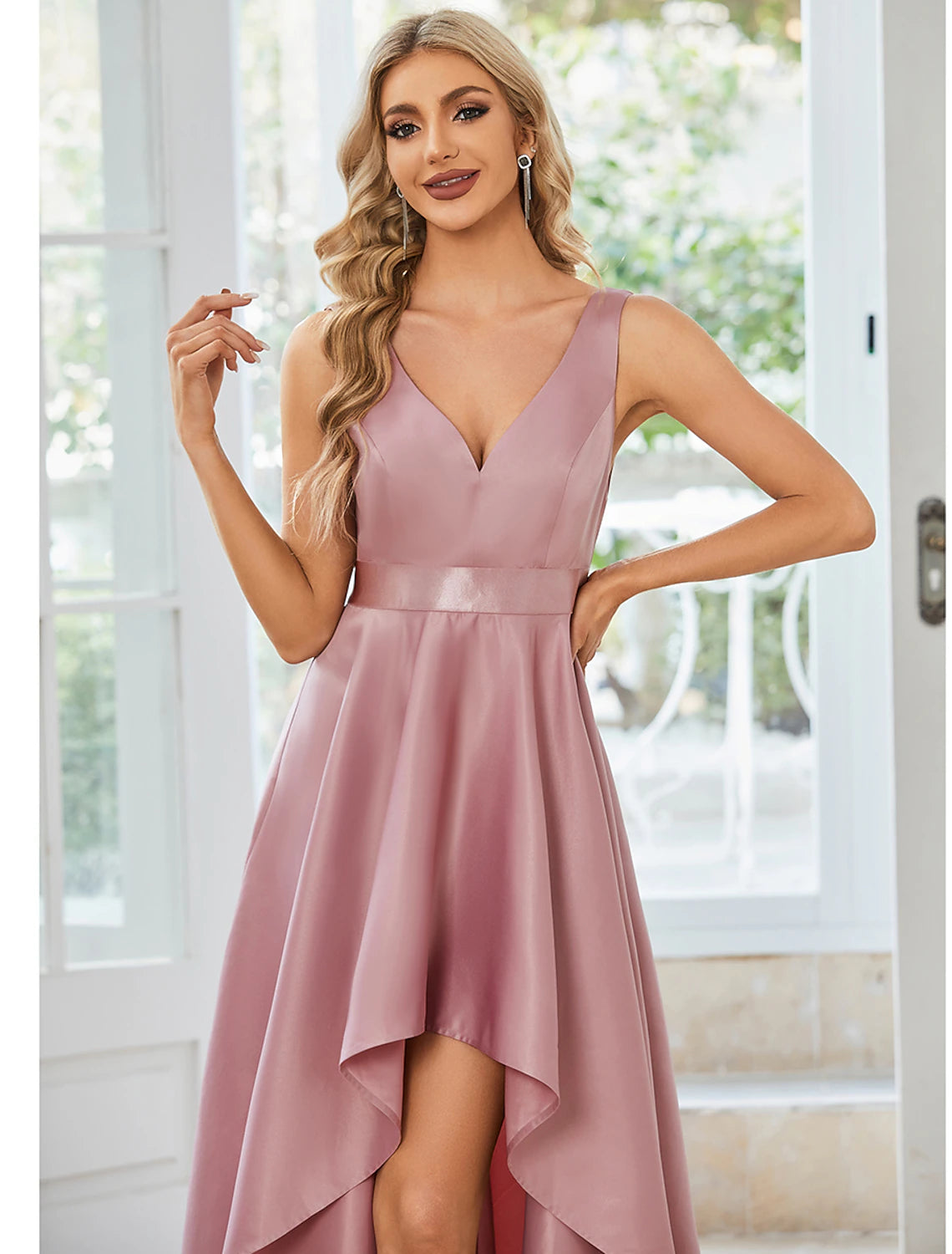 A-Line Wedding Guest Dresses Casual Dress Party Wear Wedding Party Asymmetrical Sleeveless V Neck Satin with Ruffles