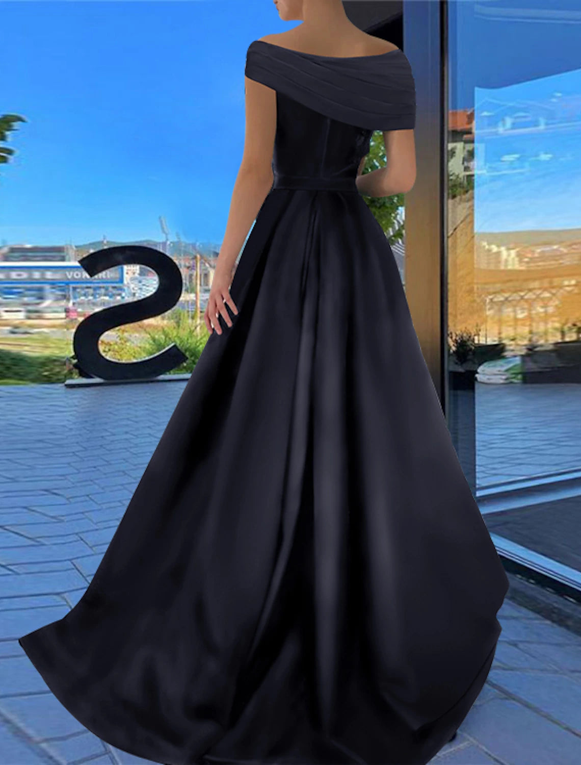 A-Line Prom Dresses Little Black Dress Dress Formal Wedding Party Floor Length Short Sleeve Off Shoulder Satin with Ruched Slit