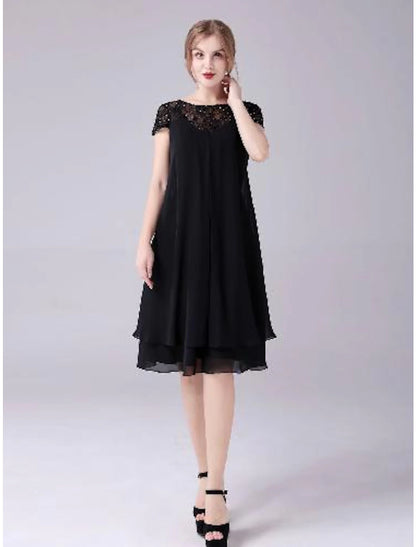 A-Line Mother of the Bride Dress Plus Size Elegant Jewel Neck Knee Length Chiffon Short Sleeve with Lace Beading Tier