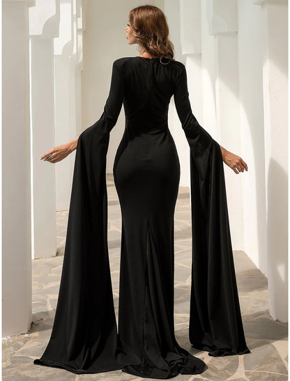 Mermaid / Trumpet Evening Gown Elegant Dress Formal Fall Court Train Long Sleeve Jewel Neck Stretch Fabric with Pleats