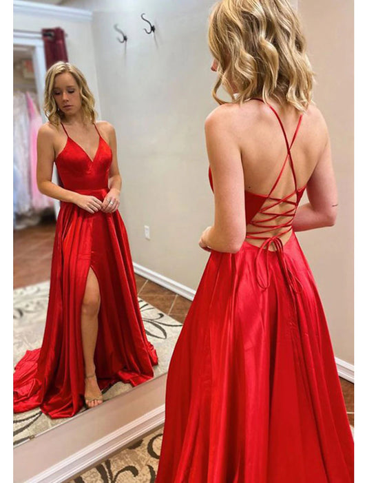 A-Line Prom Dresses Open Back Dress Formal Wedding Guest Sweep / Brush Train Sleeveless V Neck Imitation Silk Backless with Slit